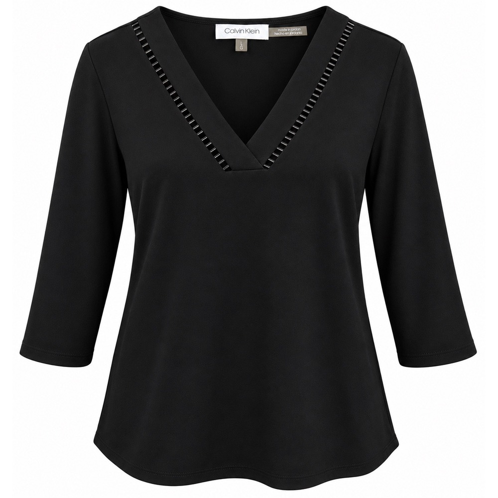 Calvin Klein Black Ladder Trim V Neck Blouse 3/4 Sleeve Women's Large L